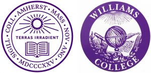 White background with two purple emblems of two colleges